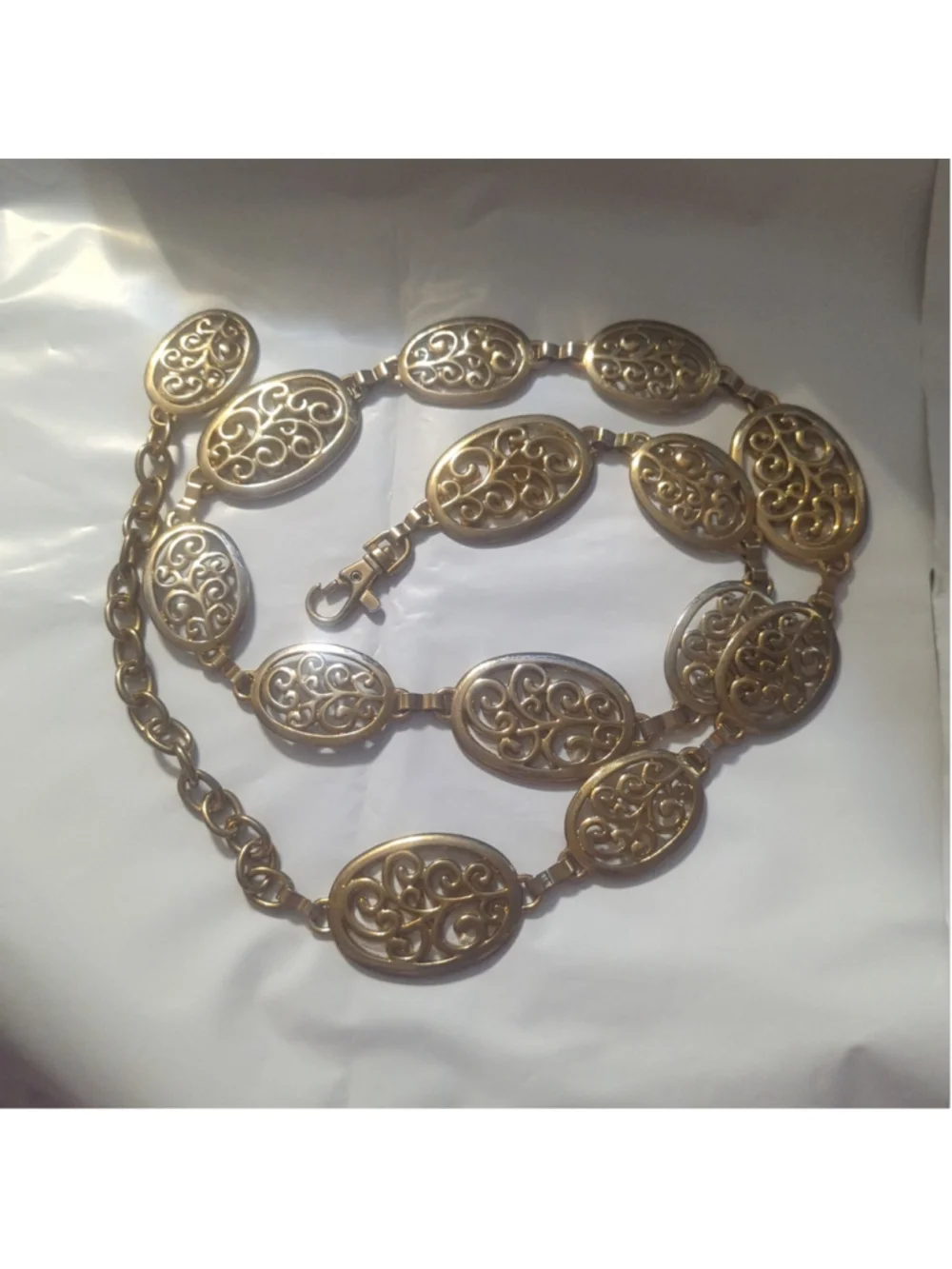 Vintage Gold and Silver Tone Filigree Oval Link Waist Chain Statement Belt